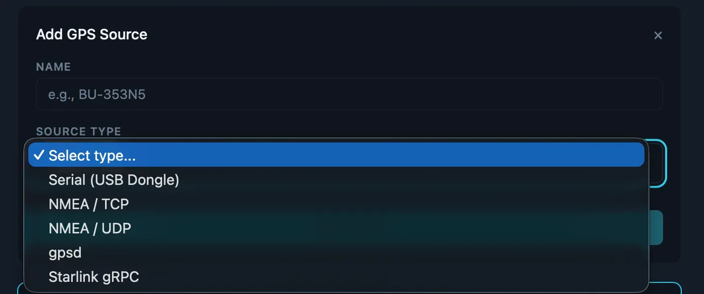 Add GPS Source dialog showing available source types